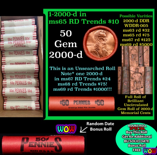 THIS AUCTION ONLY! BU Shotgun Lincoln 1c roll, 2000-d 50 pcs Plus one bonus random date BU roll! Ban