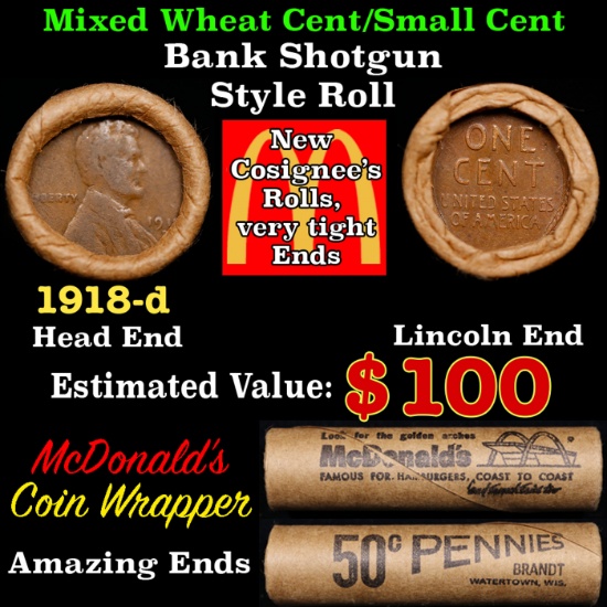 Lincoln Wheat Cent 1c Mixed Roll Orig Brandt McDonalds Wrapper, 1919-d end, Wheat other end