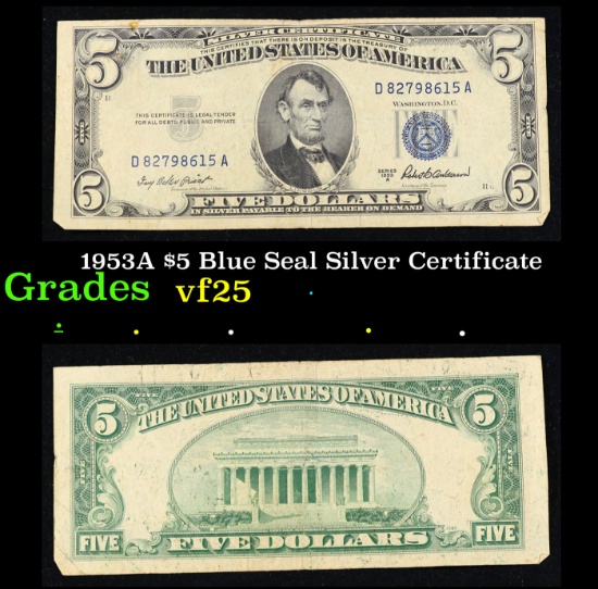 1953A $5 Blue Seal Silver Certificate Grades vf+