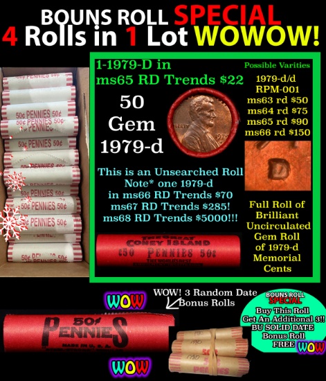 THIS AUCTION ONLY! BU Shotgun Lincoln 1c roll, 1979-d 50 pcs Plus THREE bonus random date BU roll! B