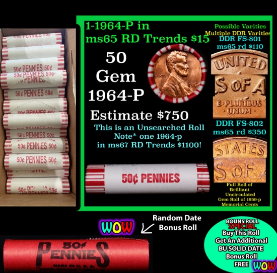 THIS AUCTION ONLY! BU Shotgun Lincoln 1c roll, 1964-p 50 pcs Plus one bonus random date BU roll! Ban