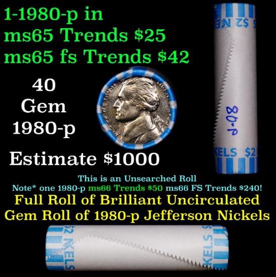 BU Shotgun Jefferson 5c roll, 1980-p 40 pcs Bank $2 Nickel Wrapper
