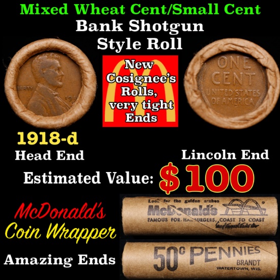 Lincoln Wheat Cent 1c Mixed Roll Orig Brandt McDonalds Wrapper, 1918-d end, Wheat other end
