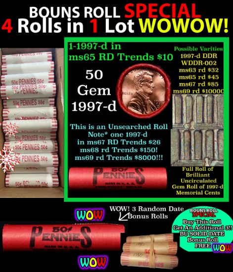 THIS AUCTION ONLY! BU Shotgun Lincoln 1c roll, 1997-d 50 pcs Plus THREE bonus random date BU roll! B