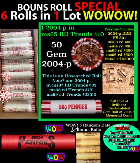 THIS AUCTION ONLY! BU Shotgun Lincoln 1c roll, 2004-p 50 pcs Plus FIVE bonus random date BU roll! Ba