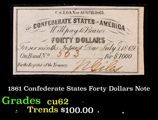 1861 Confederate States Forty Dollars Note Grades Select CU