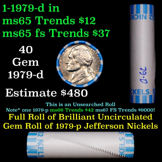 BU Shotgun Jefferson 5c roll, 1979-d 40 pcs Bank $2 Nickel Wrapper