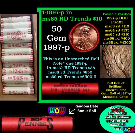 THIS AUCTION ONLY! BU Shotgun Lincoln 1c roll, 1997-p 50 pcs Plus one bonus random date BU roll! Ban