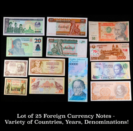 Lot of 25 Foreign Currency Notes - Variety of Countries, Years, Denominations!