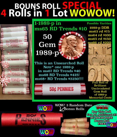 THIS AUCTION ONLY! BU Shotgun Lincoln 1c roll, 1989-p 50 pcs Plus THREE bonus random date BU roll! B