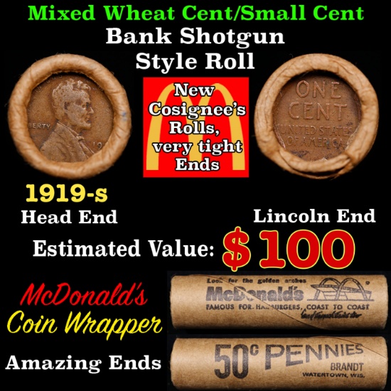 Lincoln Wheat Cent 1c Mixed Roll Orig Brandt McDonalds Wrapper, 1919-s end, Wheat other end