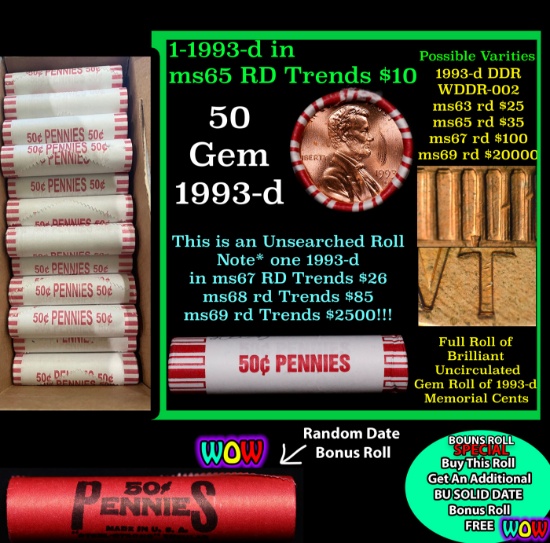 THIS AUCTION ONLY! BU Shotgun Lincoln 1c roll, 1993-d 50 pcs Plus one bonus random date BU roll! Ban