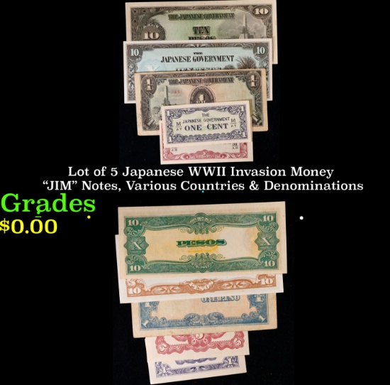 Lot of 5 Japanese WWII Invasion Money "JIM" Notes, Various Countries & Denominations Grades
