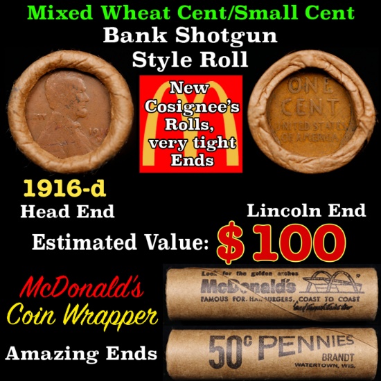 Lincoln Wheat Cent 1c Mixed Roll Orig Brandt McDonalds Wrapper, 1916-d end, Wheat other end