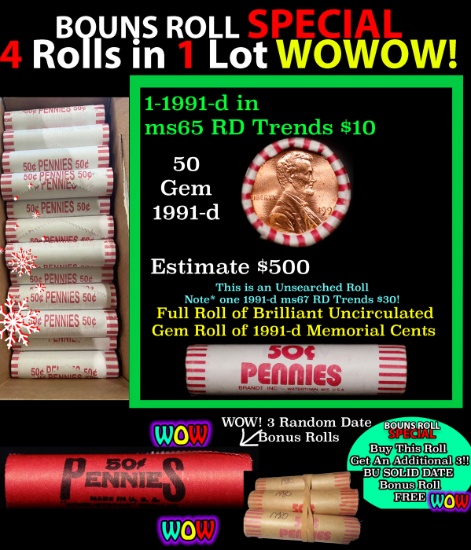 THIS AUCTION ONLY! BU Shotgun Lincoln 1c roll, 1991-d 50 pcs Plus THREE bonus random date BU roll! B