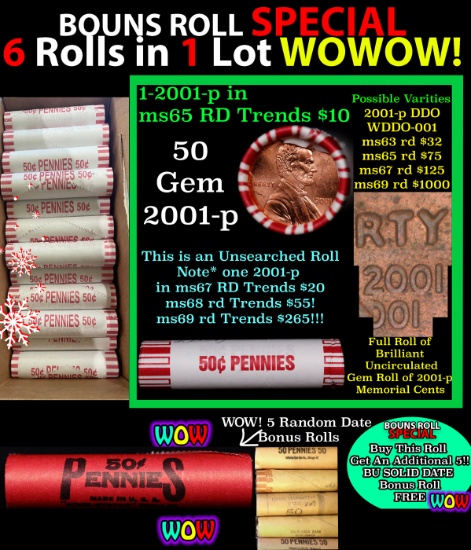 THIS AUCTION ONLY! BU Shotgun Lincoln 1c roll, 2001-p 50 pcs Plus FIVE bonus random date BU roll! Ba