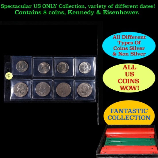 Great Page of 8 US Coins 4x Kennedy Half Dollars, 4x Eisenhower $1's