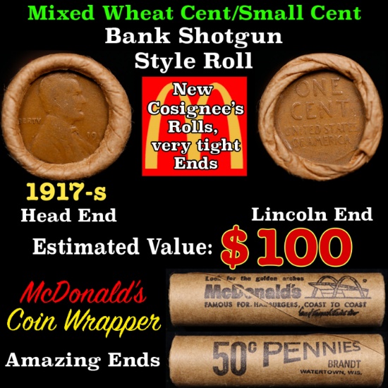 Lincoln Wheat Cent 1c Mixed Roll Orig Brandt McDonalds Wrapper, 1917-s end, Wheat other end