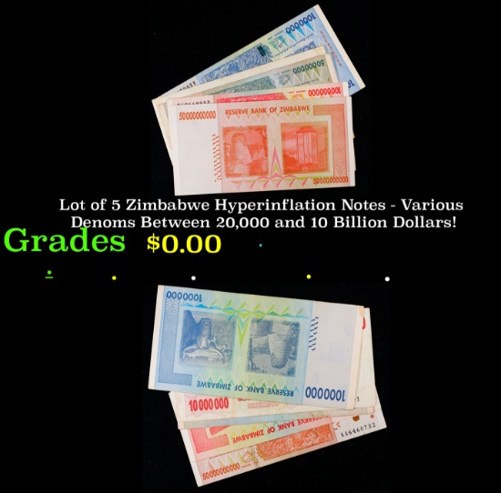 Lot of 5 Zimbabwe Hyperinflation Notes - Various Denoms Between 20,000 and 10 Billion Dollars! Grade