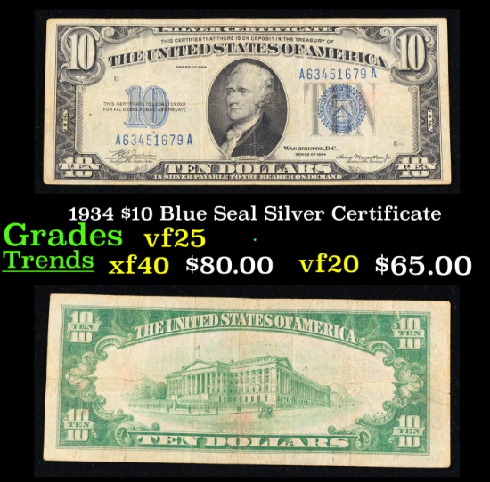 1934 $10 Blue Seal Silver Certificate Grades vf+