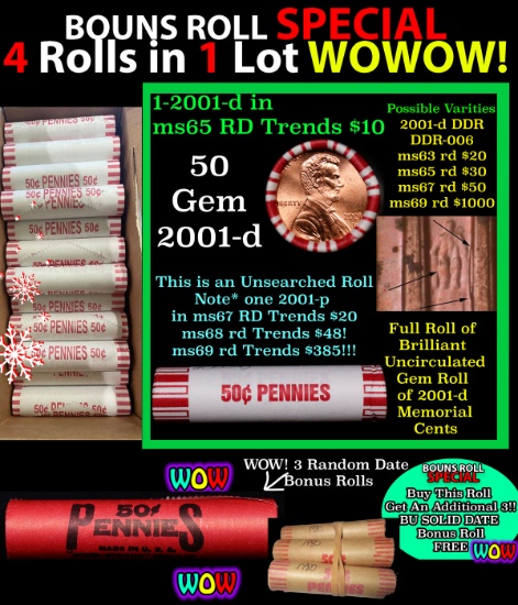 THIS AUCTION ONLY! BU Shotgun Lincoln 1c roll, 2001-d 50 pcs Plus THREE bonus random date BU roll! B
