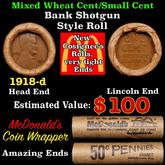 Lincoln Wheat Cent 1c Mixed Roll Orig Brandt McDonalds Wrapper, 1918-d end, Wheat other end