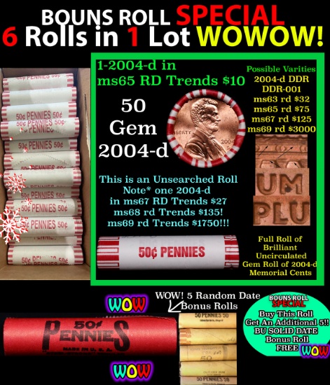 THIS AUCTION ONLY! BU Shotgun Lincoln 1c roll, 2004-d 50 pcs Plus FIVE bonus random date BU roll! Ba