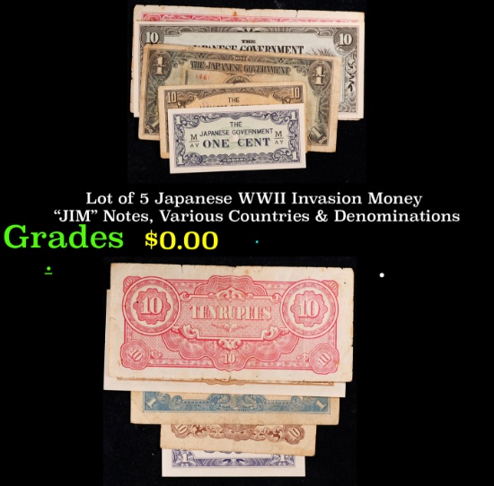 Lot of 5 Japanese WWII Invasion Money "JIM" Notes, Various Countries & Denominations Grades