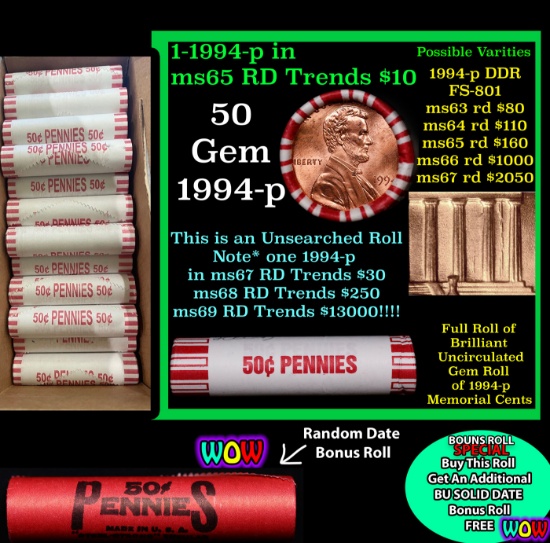 THIS AUCTION ONLY! BU Shotgun Lincoln 1c roll, 1994-p 50 pcs Plus one bonus random date BU roll! Ban