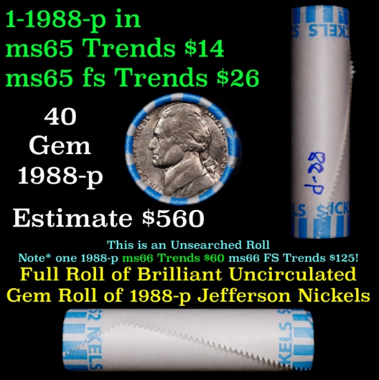 BU Shotgun Jefferson 5c roll, 1988-p 40 pcs Bank $2 Nickel Wrapper