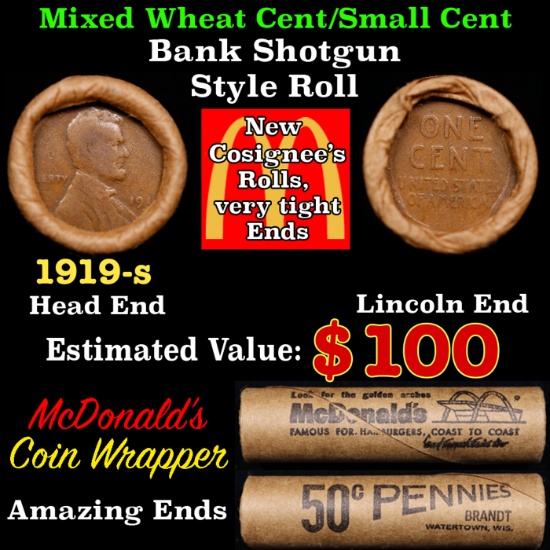 Lincoln Wheat Cent 1c Mixed Roll Orig Brandt McDonalds Wrapper, 1919-s end, Wheat other end