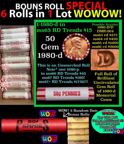 THIS AUCTION ONLY! BU Shotgun Lincoln 1c roll, 1980-d 50 pcs Plus FIVE bonus random date BU roll! Ba