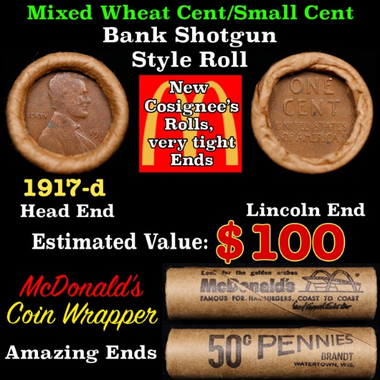 Lincoln Wheat Cent 1c Mixed Roll Orig Brandt McDonalds Wrapper, 1917-d end, Wheat other end