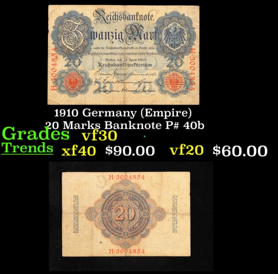 1910 Germany (Empire) 20 Marks Banknote P# 40b vf++