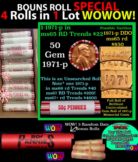 THIS AUCTION ONLY! BU Shotgun Lincoln 1c roll, 1971-p 50 pcs Plus THREE bonus random date BU roll! B