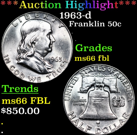 ***Auction Highlight*** 1963-d Franklin Half Dollar 50c Graded GEM+ FBL By USCG (fc)