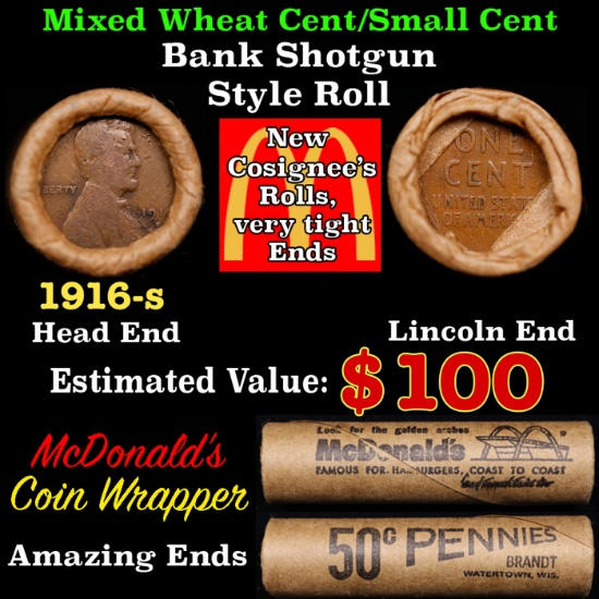 Lincoln Wheat Cent 1c Mixed Roll Orig Brandt McDonalds Wrapper, 1916-s end, Wheat other end
