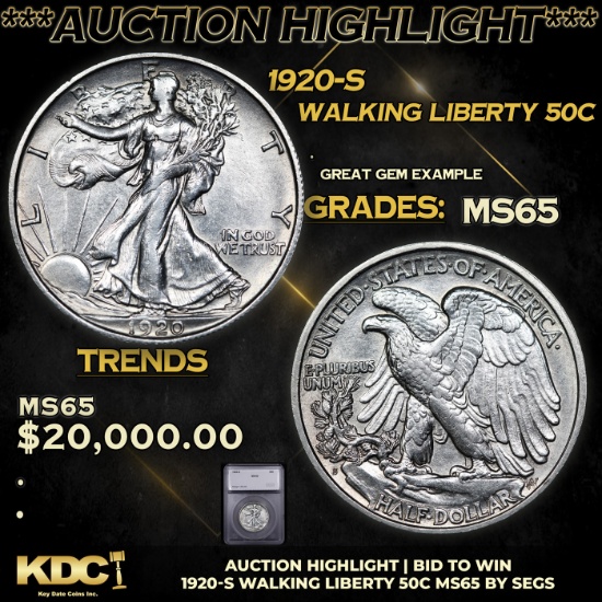 ***Auction Highlight*** 1920-s Walking Liberty Half Dollar 50c Graded ms65 By SEGS (fc)