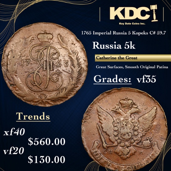 1765 ??? Imperial Russia 5 Kopeks Ancient C# 59.7 Grades vf++