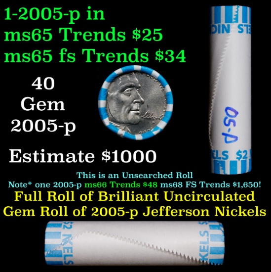 BU Shotgun Jefferson 5c roll, 2005-p Ocean 40 pcs Bank $2 Nickel Wrapper