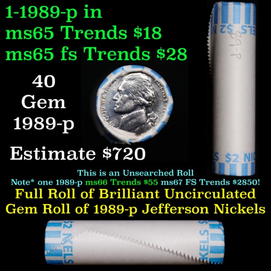 BU Shotgun Jefferson 5c roll, 1989-p 40 pcs Bank $2 Nickel Wrapper N