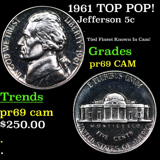 Proof 1961 Jefferson Nickel TOP POP! 5c Graded pr69 CAM BY SEGS