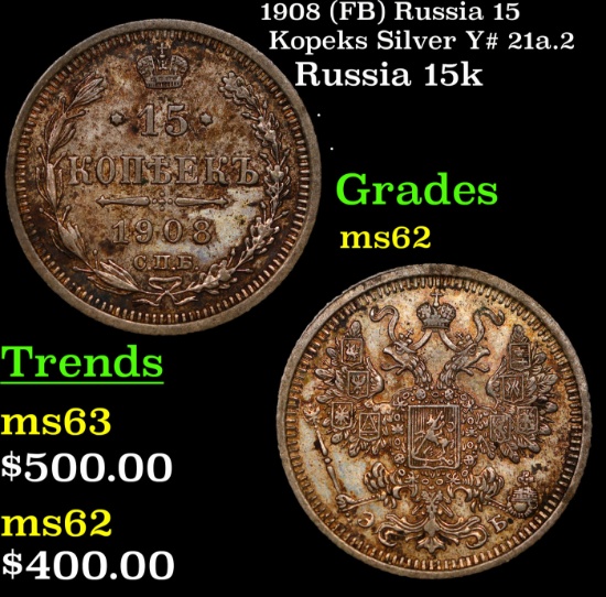 1908 (FB) Russia 15 Kopeks Silver Y# 21a.2 Grades Select Unc