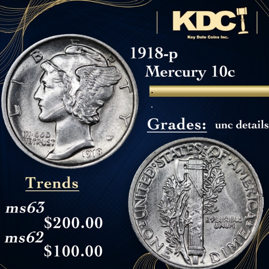 1918-p Mercury Dime 10c Grades Select Unc
