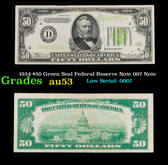 1934 $50 Green Seal Federal Reserve Note 007 Note Grades Select AU