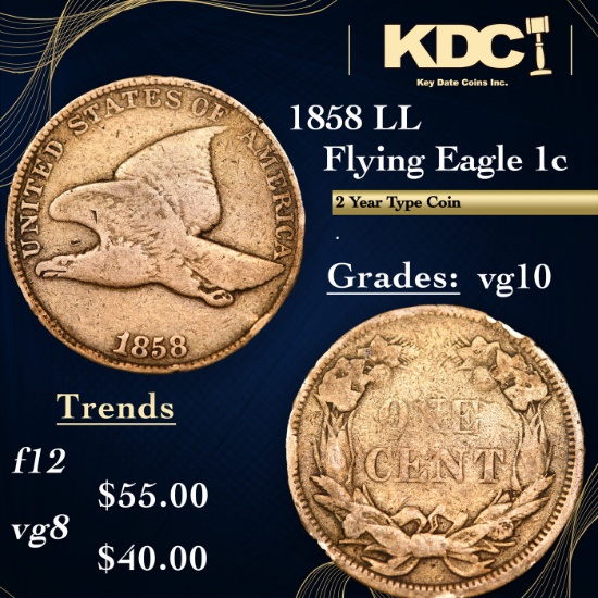 1858 LL Flying Eagle Cent 1c Grades vg+