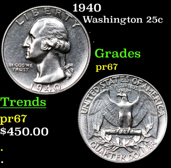 Proof 1940 Washington Quarter 25c Grades GEM++ Proof