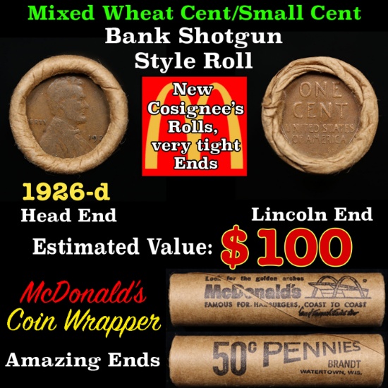 Lincoln Wheat Cent 1c Mixed Roll Orig Brandt McDonalds Wrapper, 1926-d end, Wheat other end