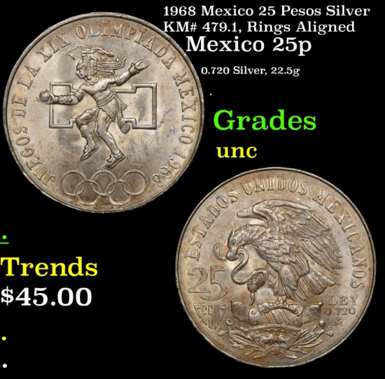 1968 Mexico 25 Pesos Silver KM# 479.1, Rings Aligned Grades Brilliant Uncirculated