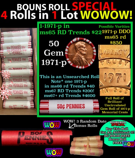 THIS AUCTION ONLY! BU Shotgun Lincoln 1c roll, 1971-p 50 pcs Plus THREE bonus random date BU roll! B